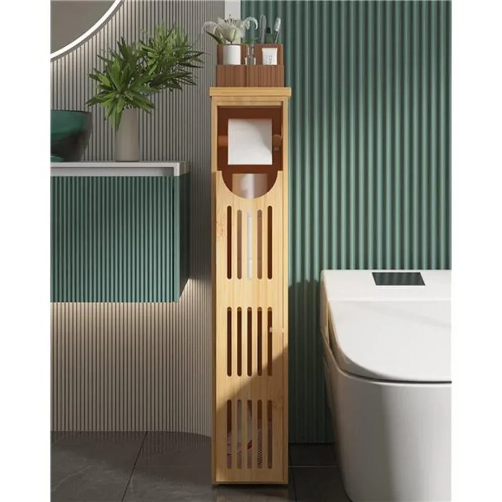 Small Bathroom Storage Cabinet Bamboo, Waterproof Coating, 33x7.3x6.5 Inches